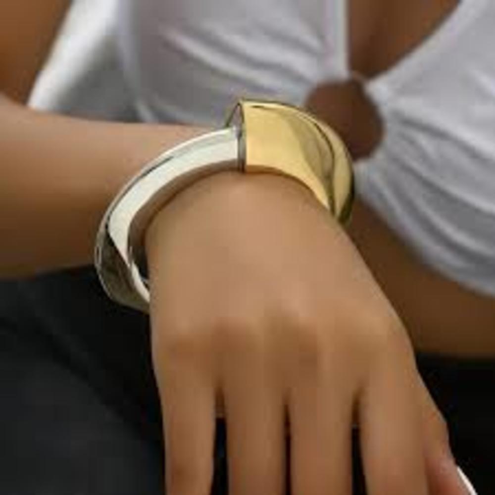 Women's Gold Silver 2-Tone Alloy Plating Stainless Steel Cuff Bracelet 7.7" NEW